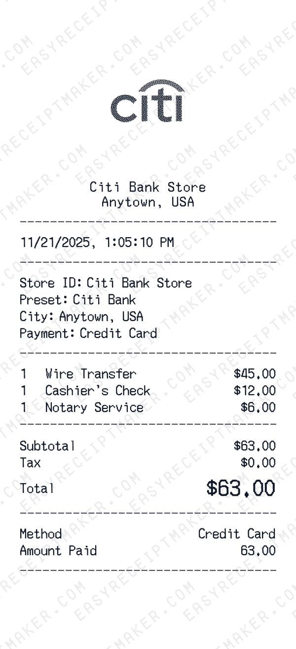Citi Bank receipt preview
