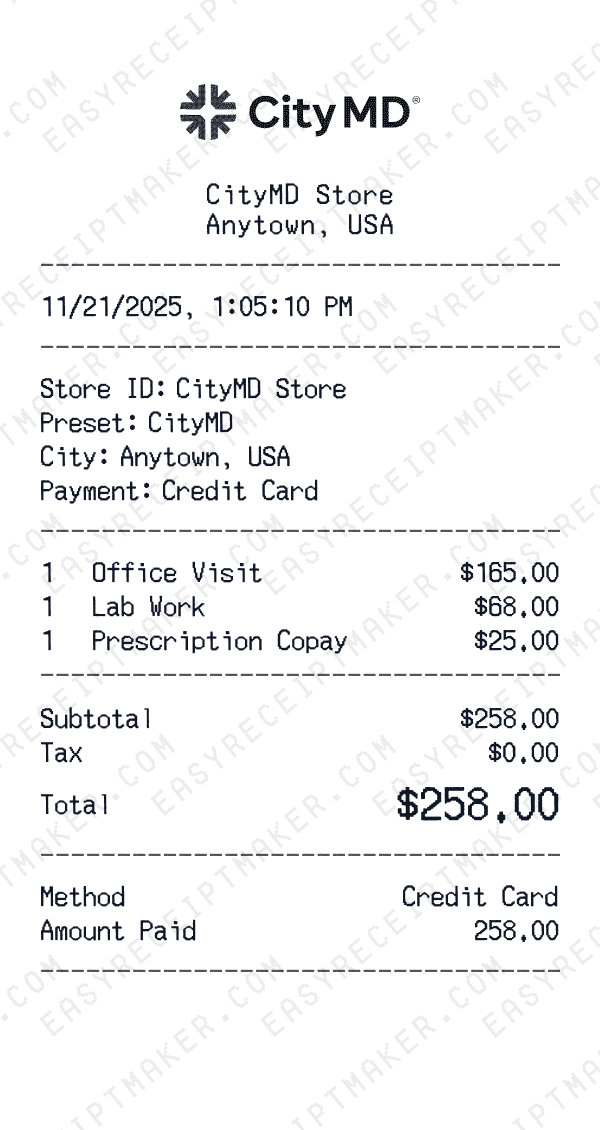 CityMD receipt preview