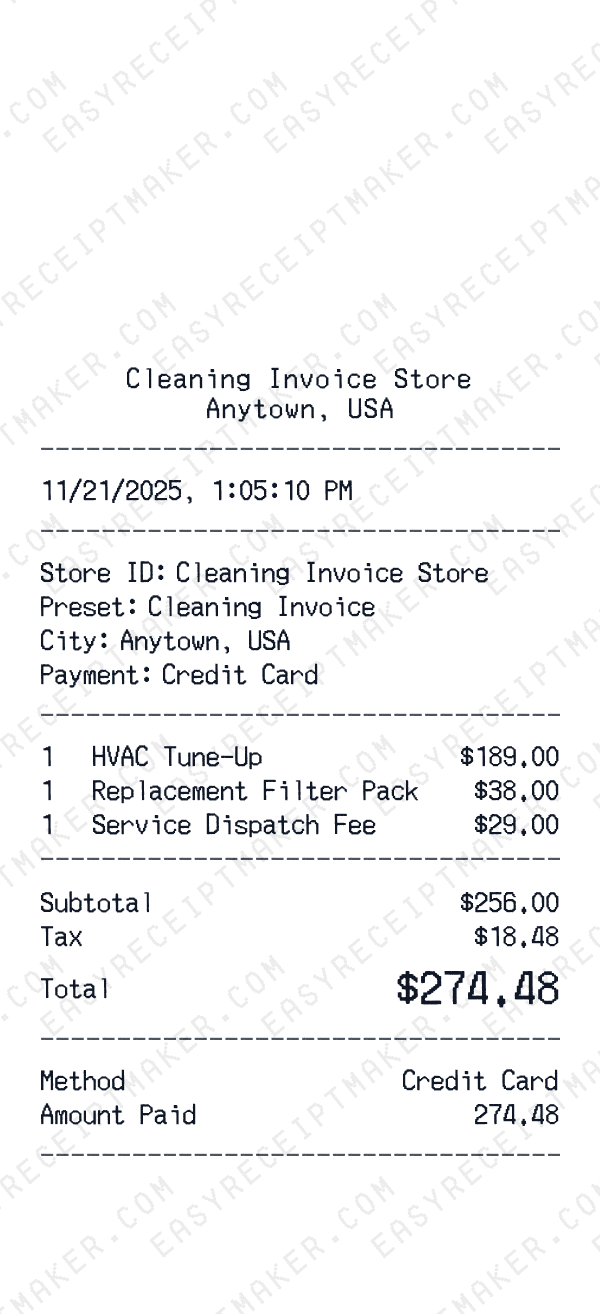 Cleaning Invoice receipt preview