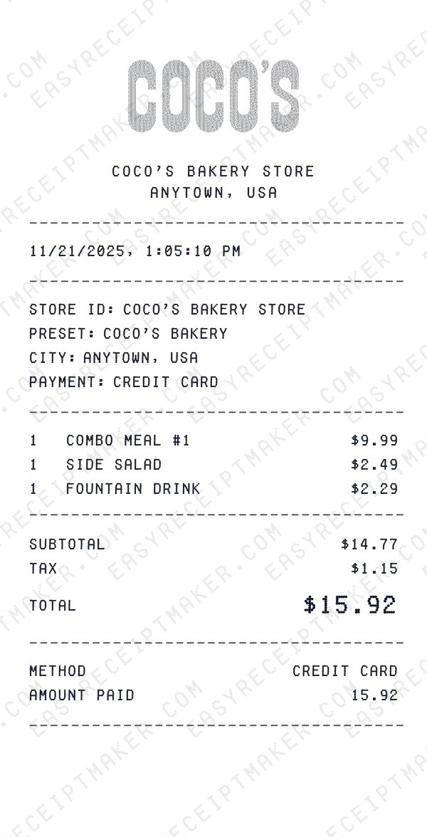 Coco's Bakery receipt preview