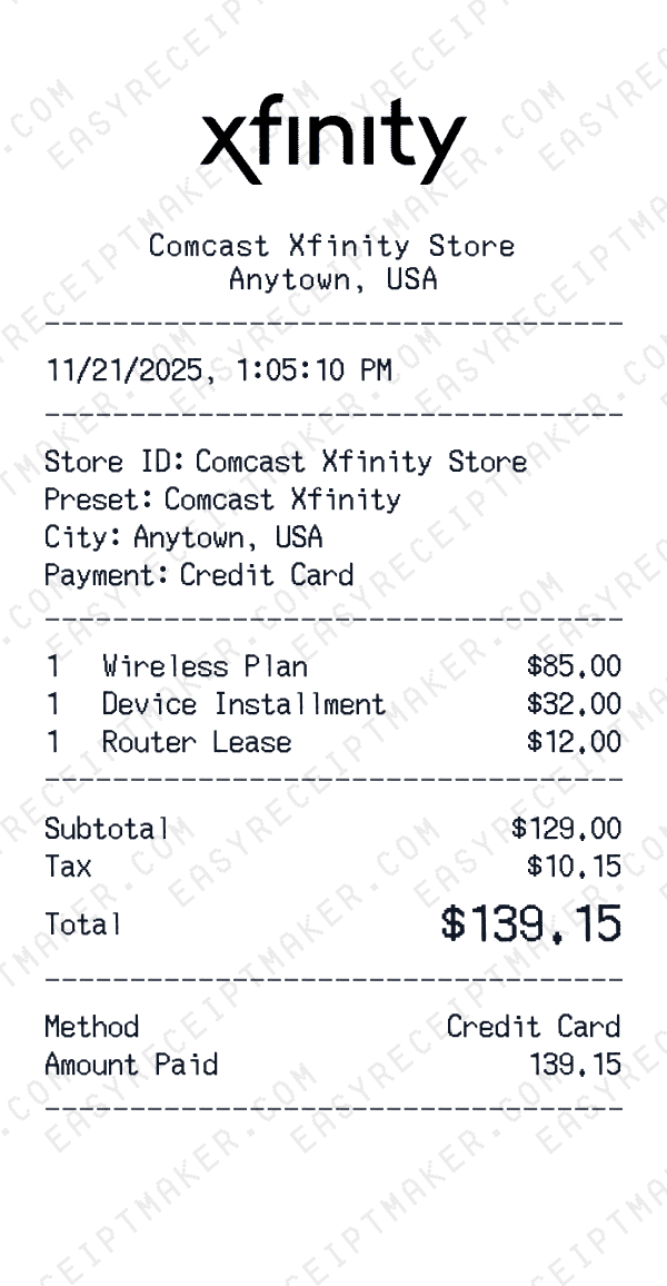 Comcast Xfinity receipt preview