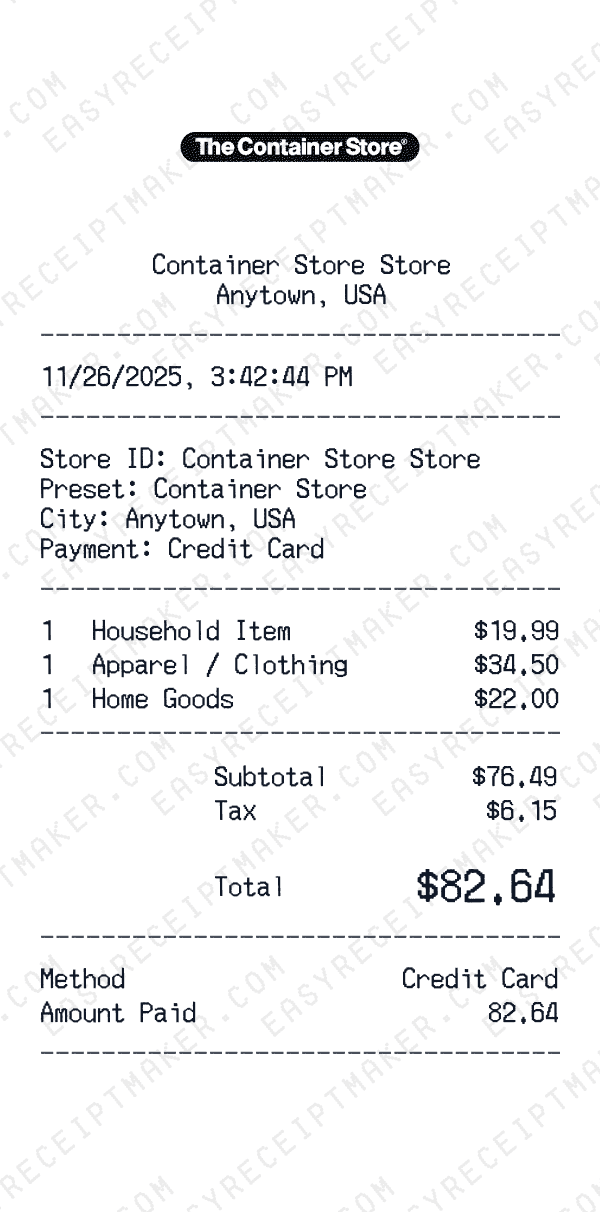 Container Store receipt preview
