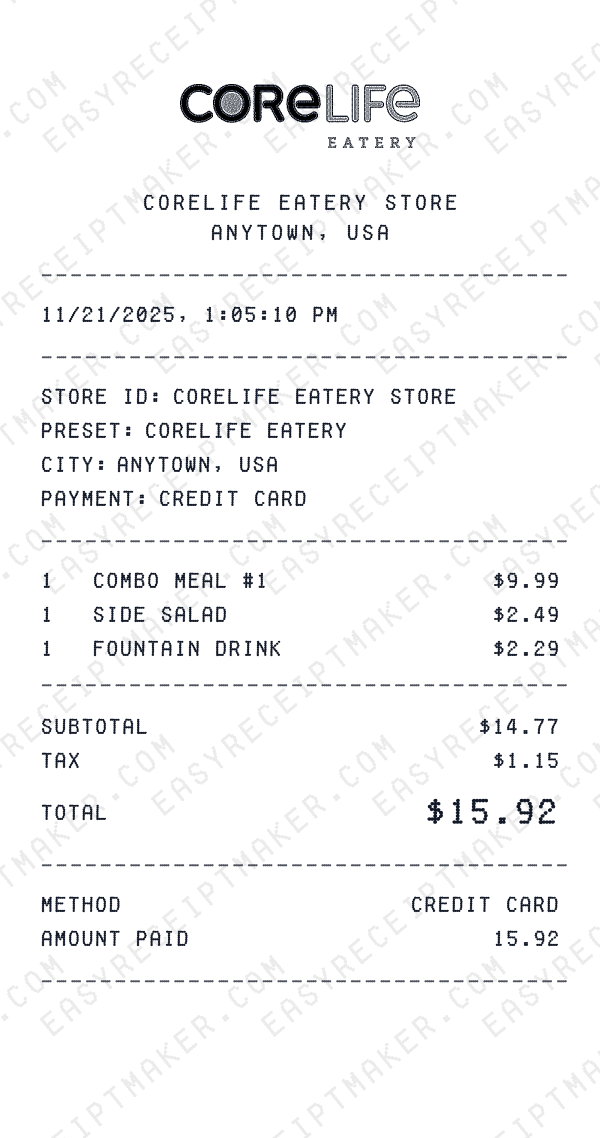 CoreLife Eatery receipt preview