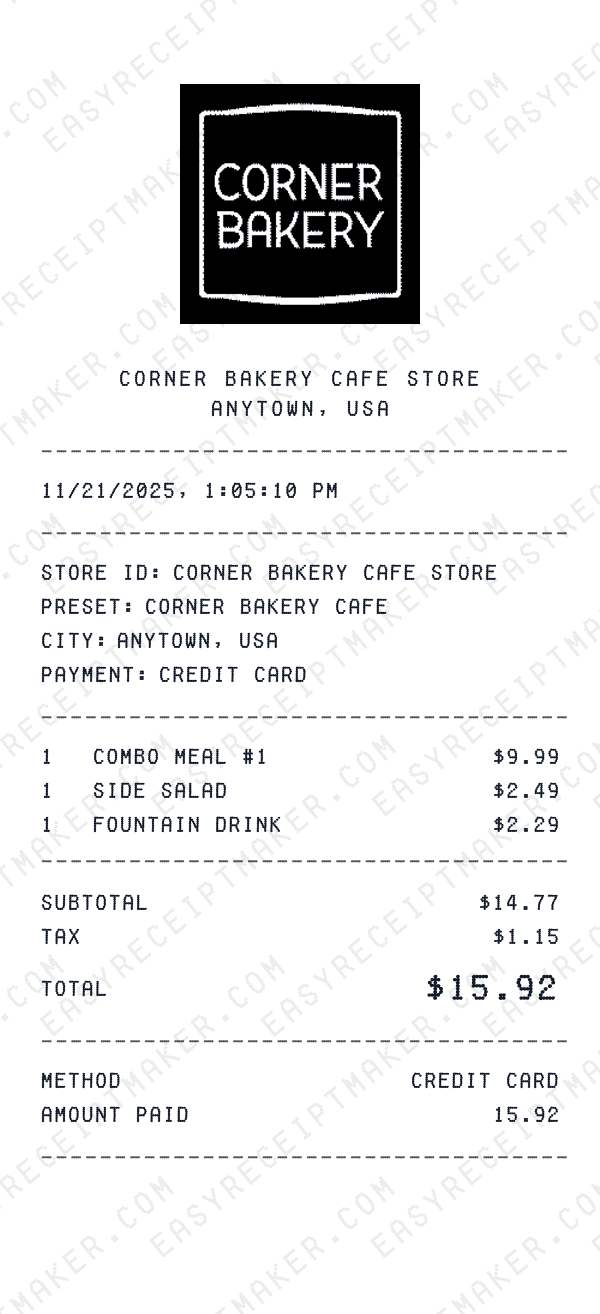 Corner Bakery Cafe receipt preview