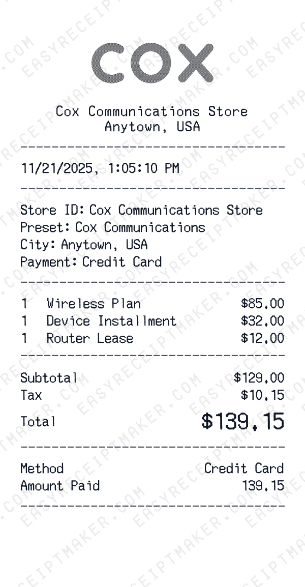 Cox Communications receipt preview