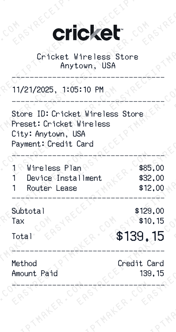 Cricket Wireless receipt preview