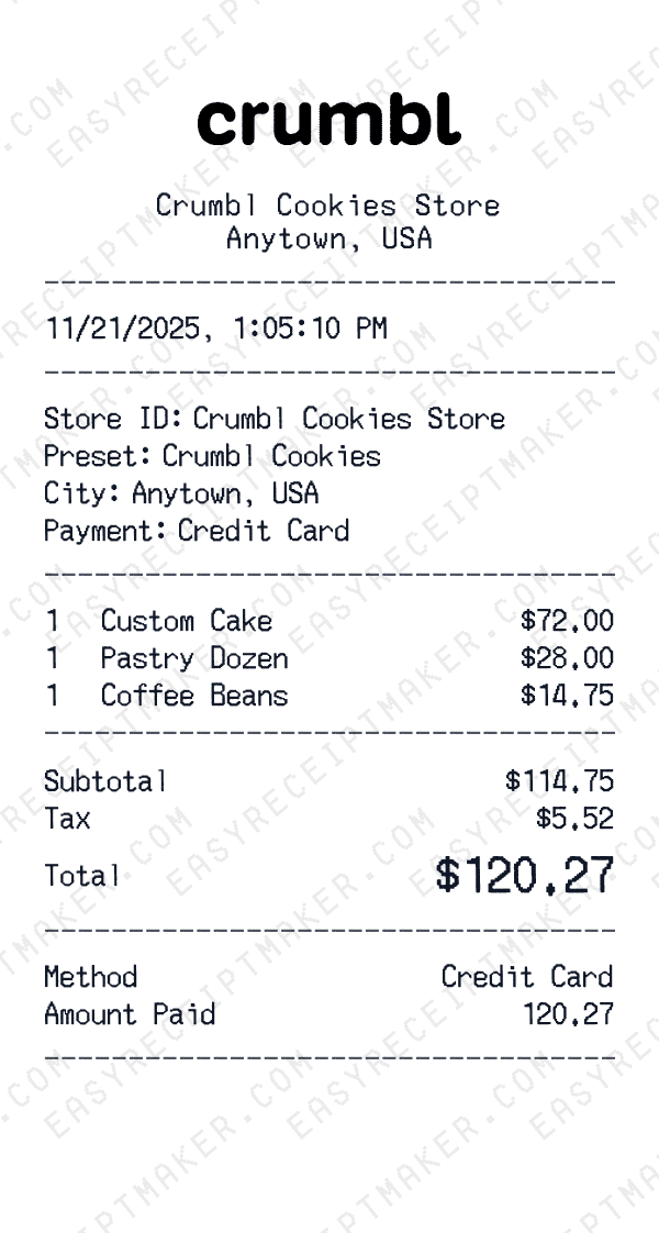 Crumbl Cookies receipt preview