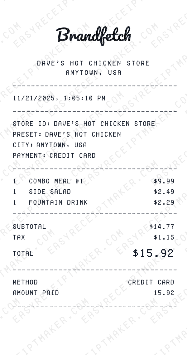 Dave's Hot Chicken receipt preview
