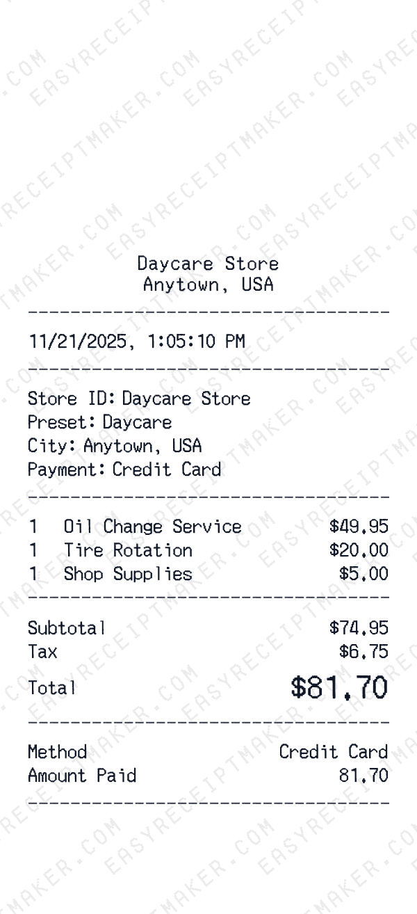 Daycare Receipt Daycare receipt template example