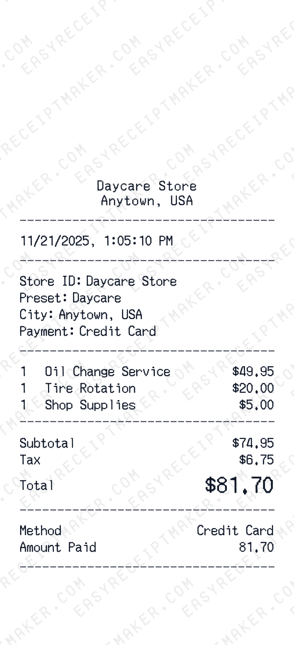 Daycare receipt preview