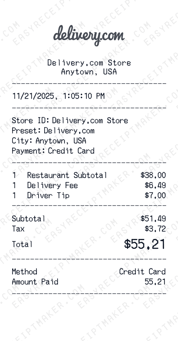 Delivery.com receipt preview
