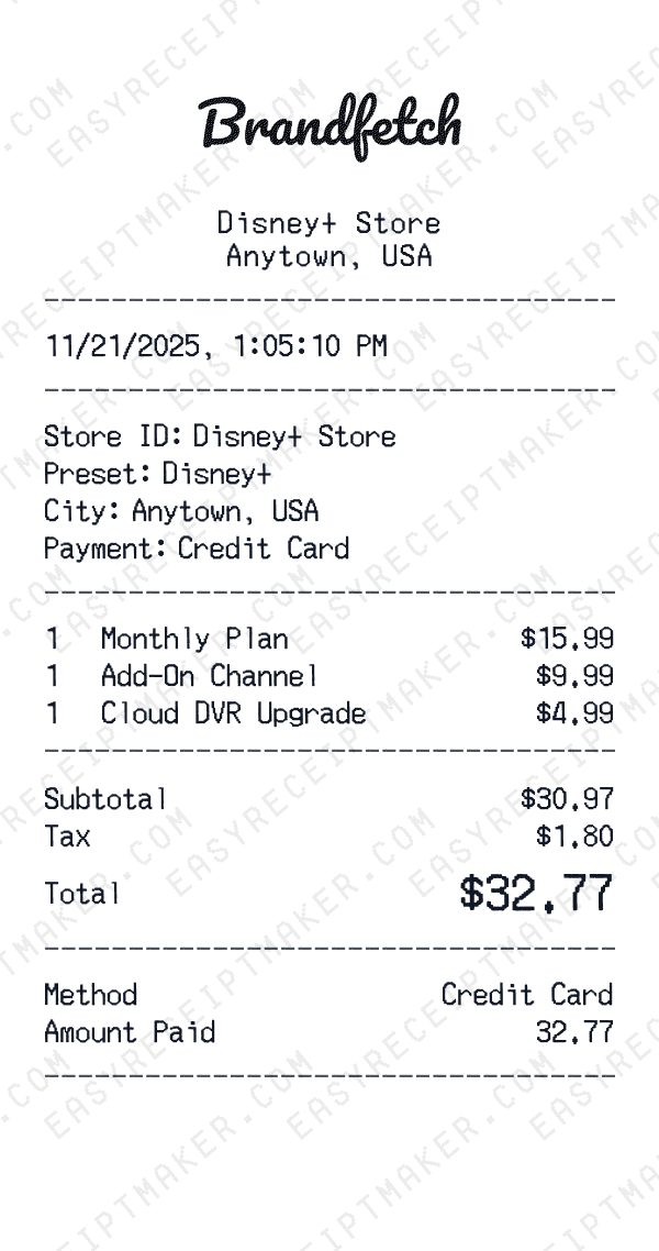 Disney+ receipt preview