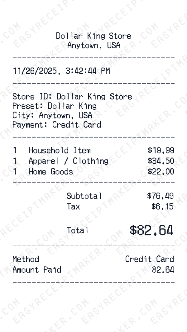 Dollar King receipt preview