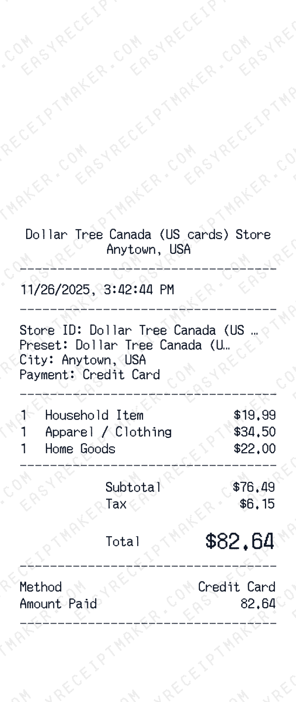 Dollar Tree Canada (US cards) receipt preview