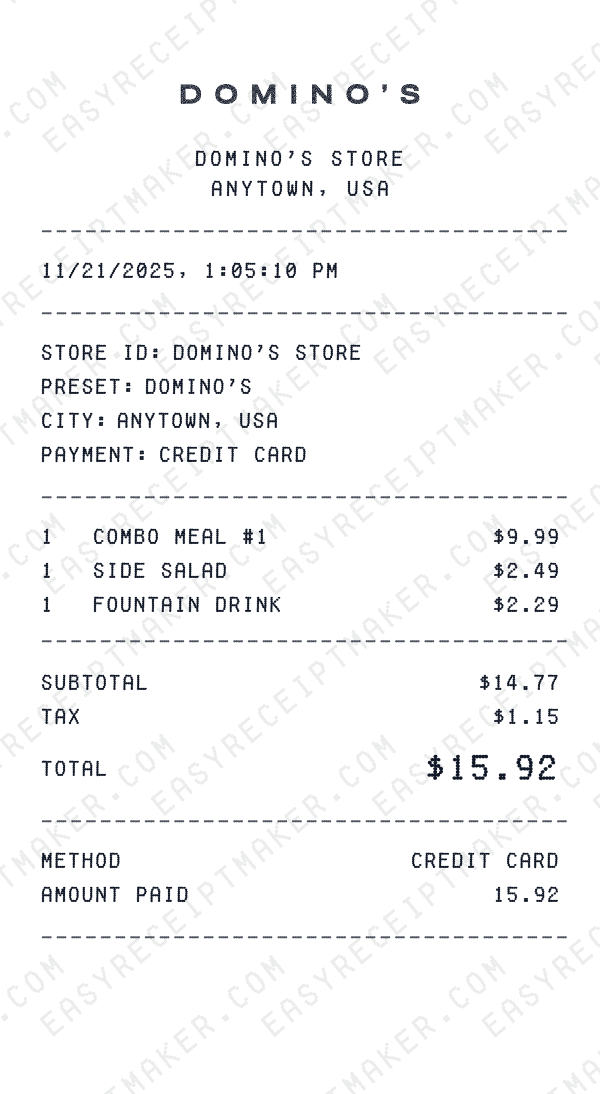 Domino's receipt preview