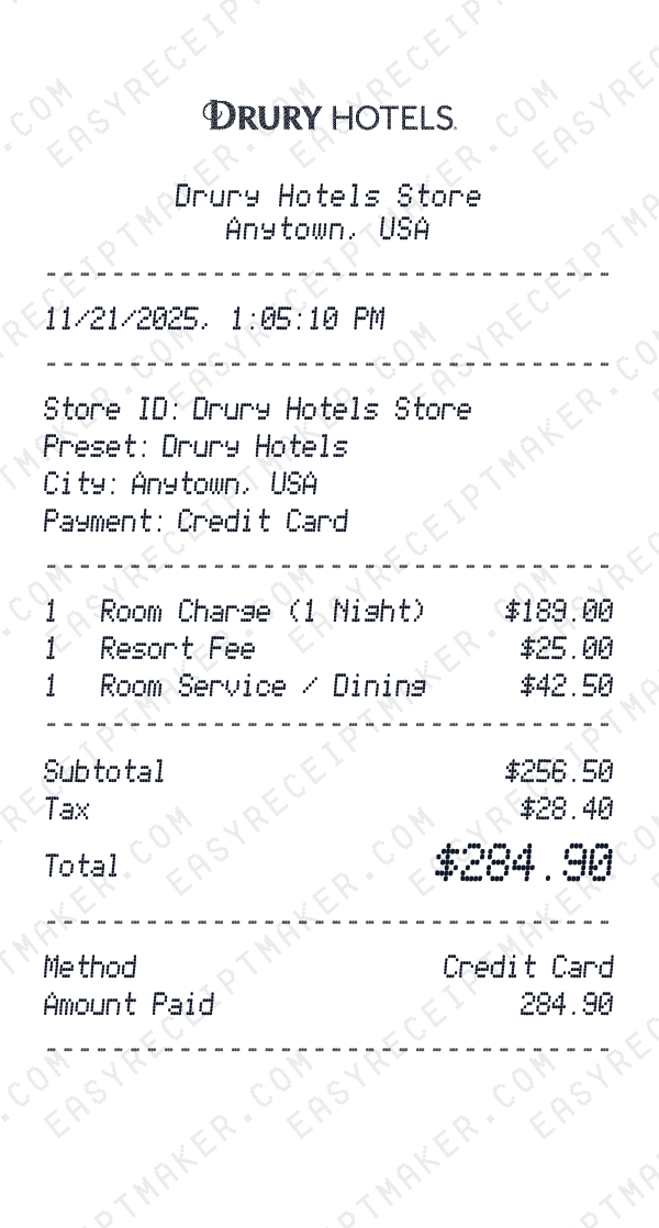 Drury Hotels receipt preview