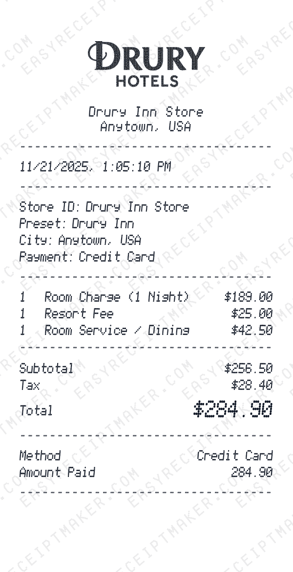 Drury Inn receipt preview