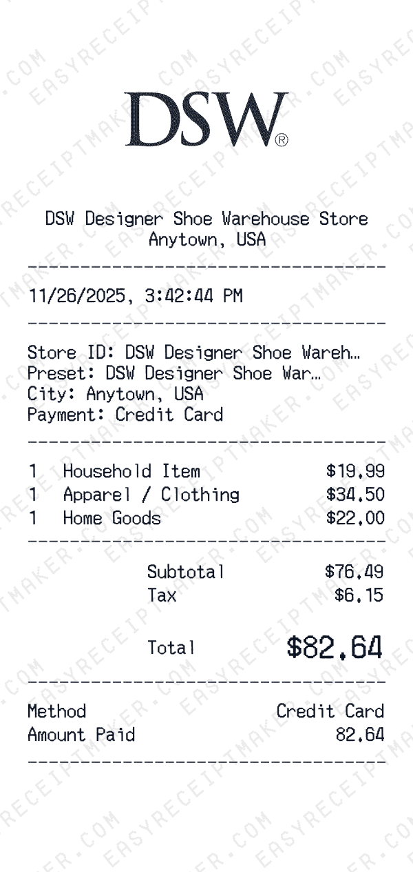 DSW Designer Shoe Warehouse receipt preview