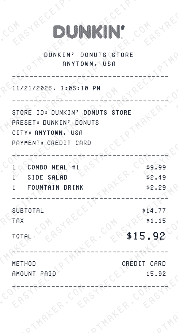 Dunkin' Donuts receipt preview