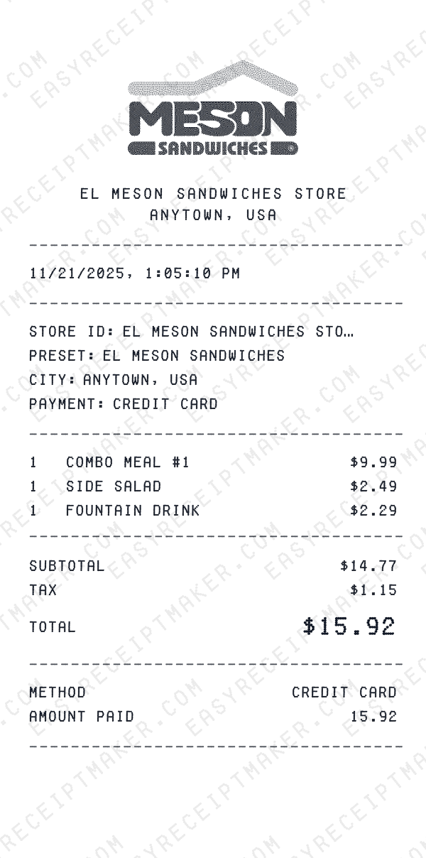 El Meson Sandwiches receipt preview