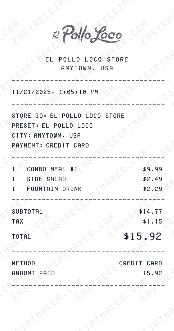 El Pollo Loco receipt preview