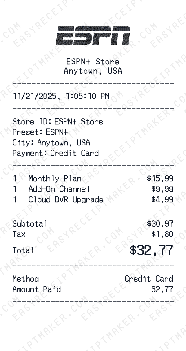 ESPN+ receipt preview
