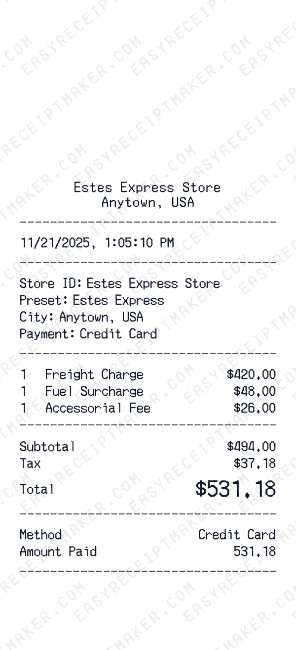 Estes Express receipt preview