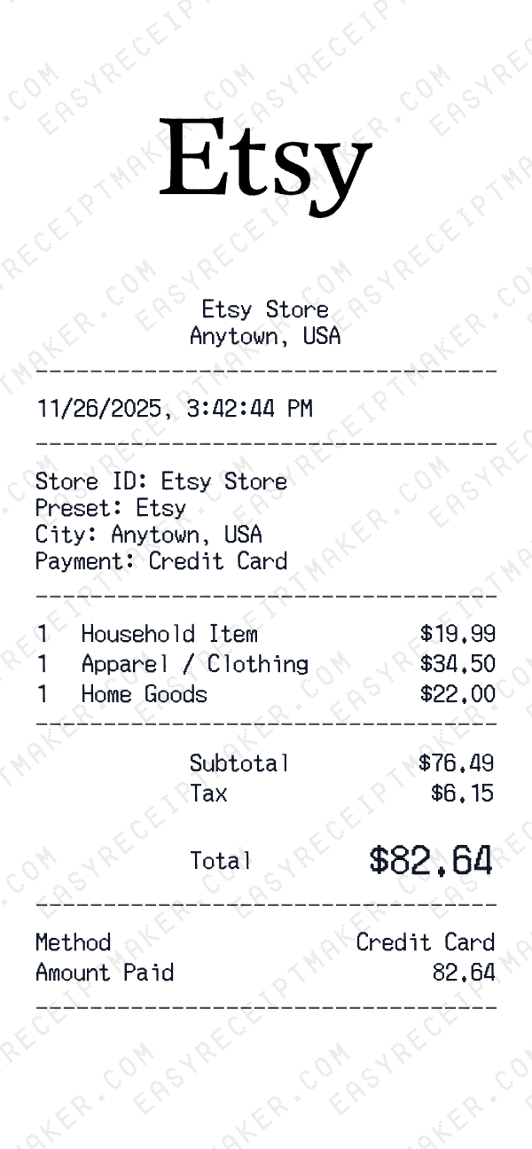 Etsy receipt preview