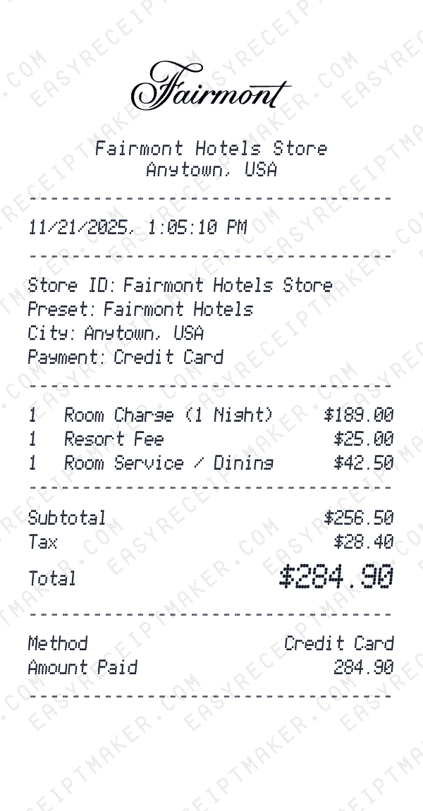Fairmont Hotels receipt preview