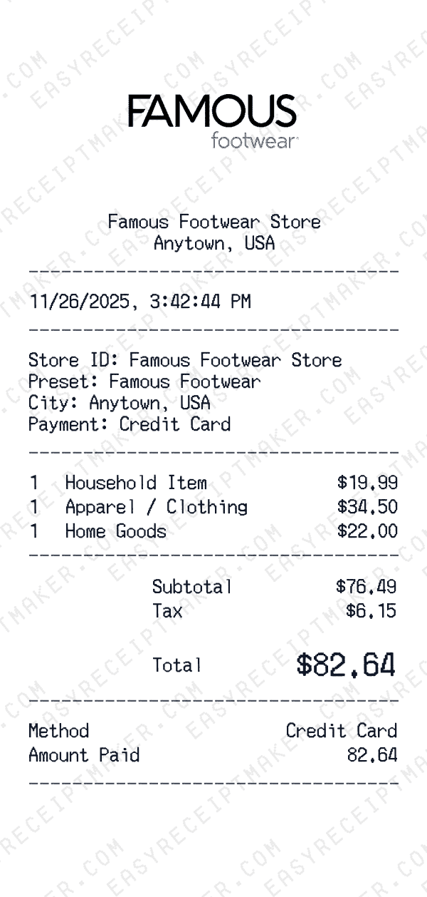 Famous Footwear receipt preview