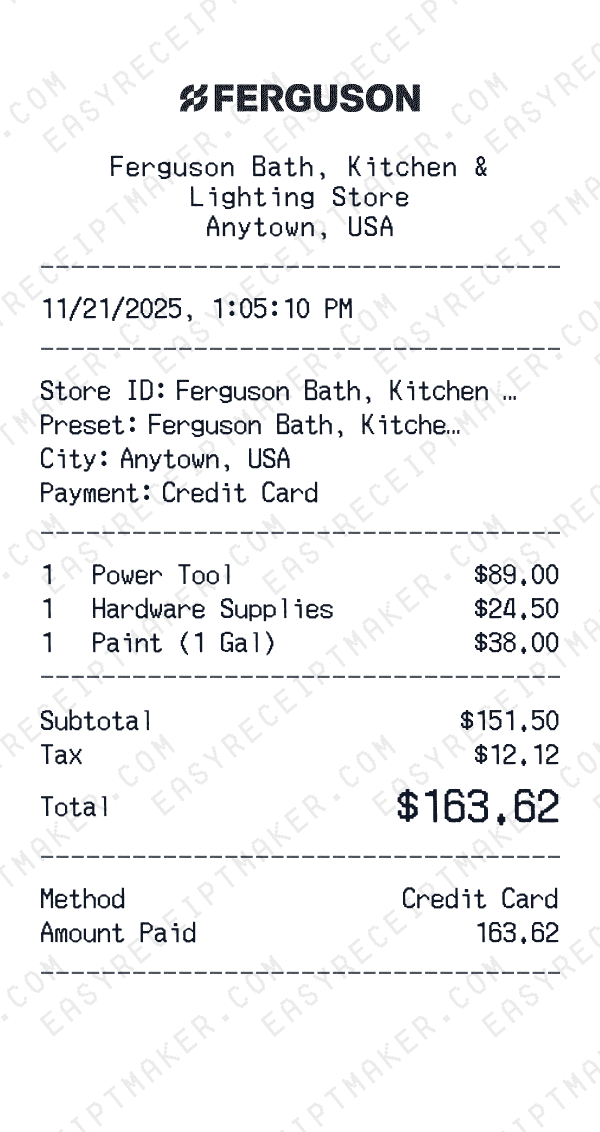 Ferguson Bath, Kitchen & Lighting receipt preview
