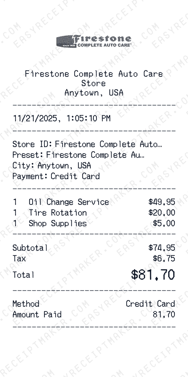 Firestone Complete Auto Care receipt preview