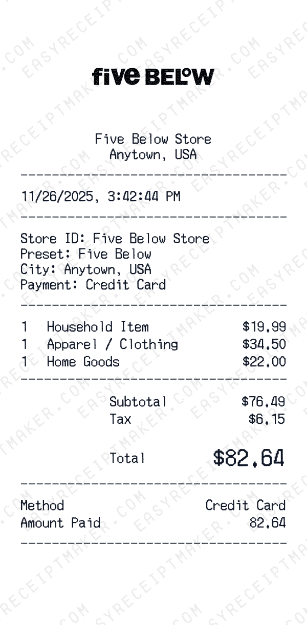 Five Below receipt preview