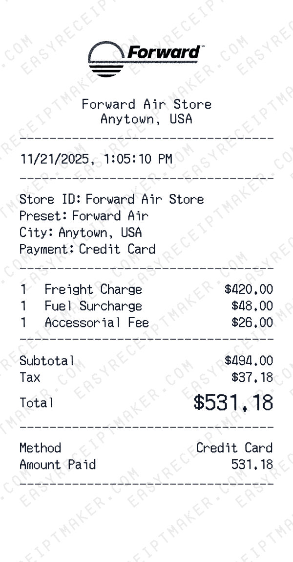 Forward Air receipt preview