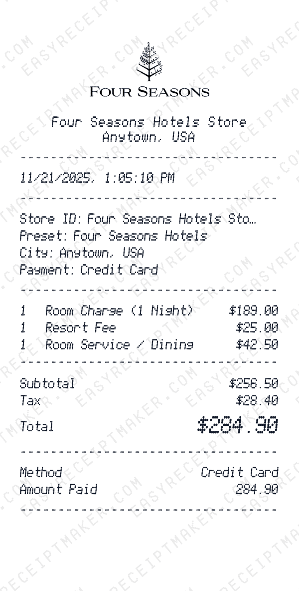 Four Seasons Hotels receipt preview