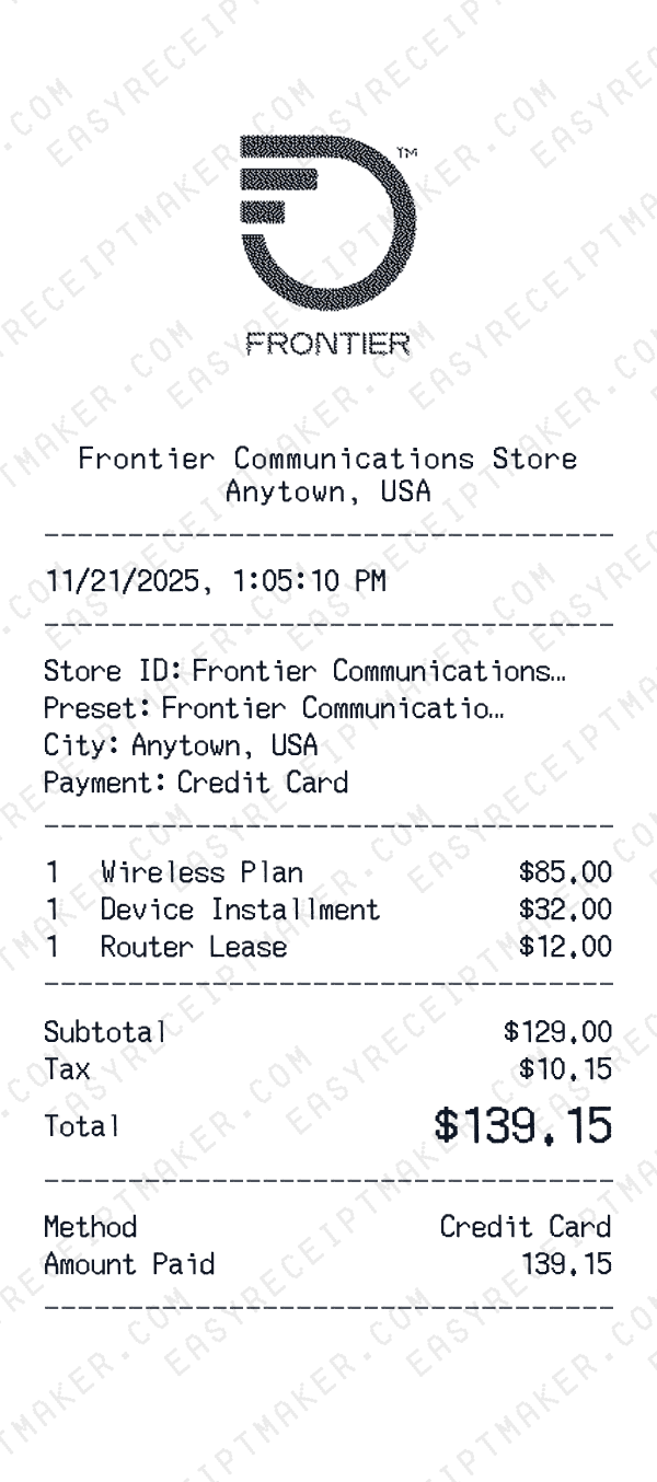 Frontier Communications receipt preview