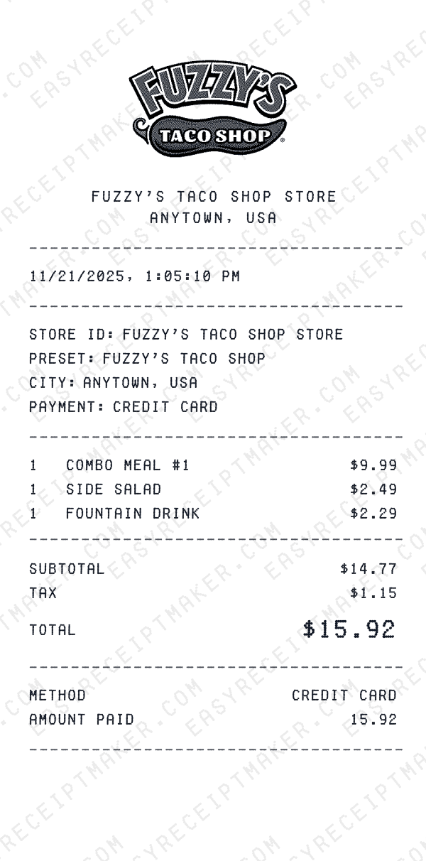 Fuzzy's Taco Shop receipt preview