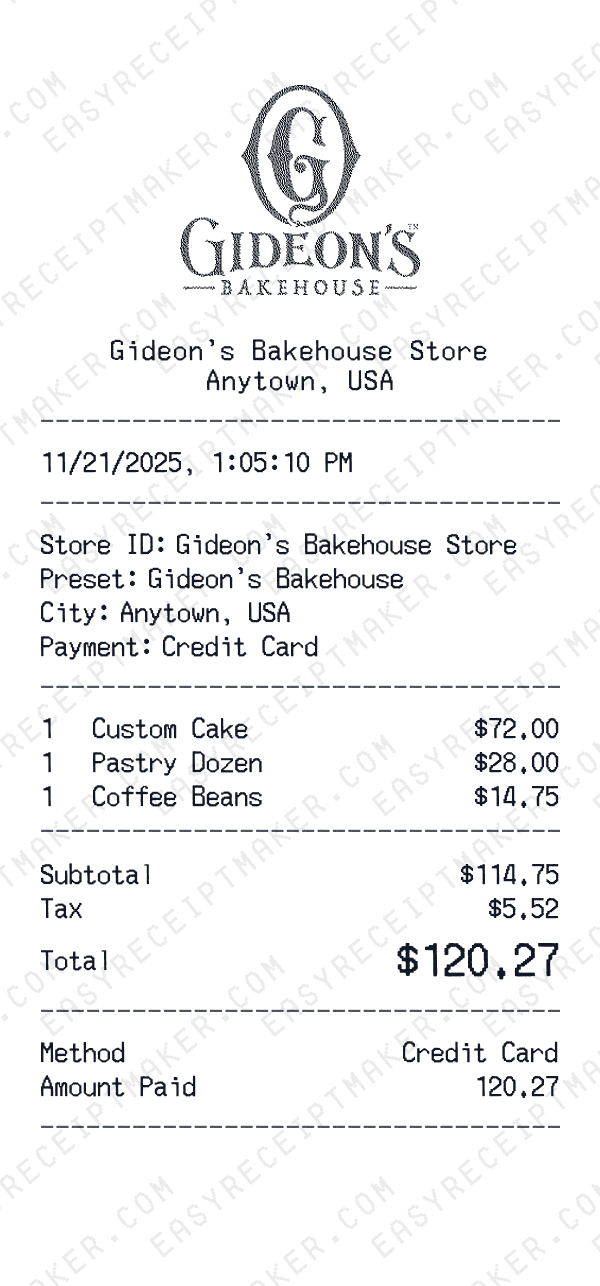 Gideon's Bakehouse receipt preview