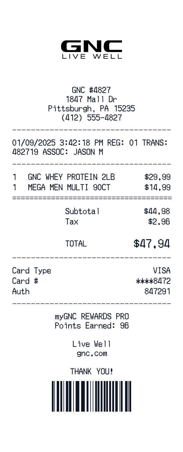 GNC Receipt GNC receipt template example