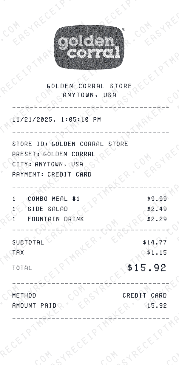 Golden Corral receipt preview