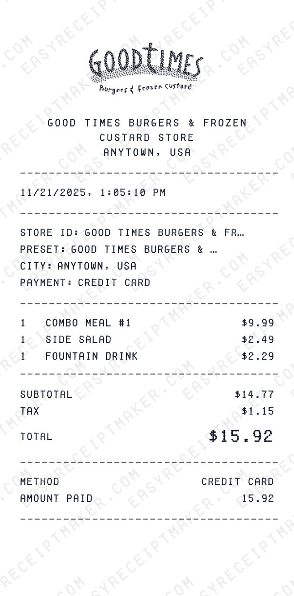 Good Times Burgers & Frozen Custard receipt preview