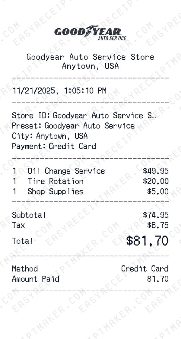 Goodyear Auto Service receipt preview
