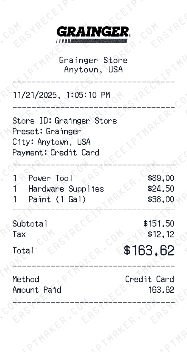 Grainger receipt preview