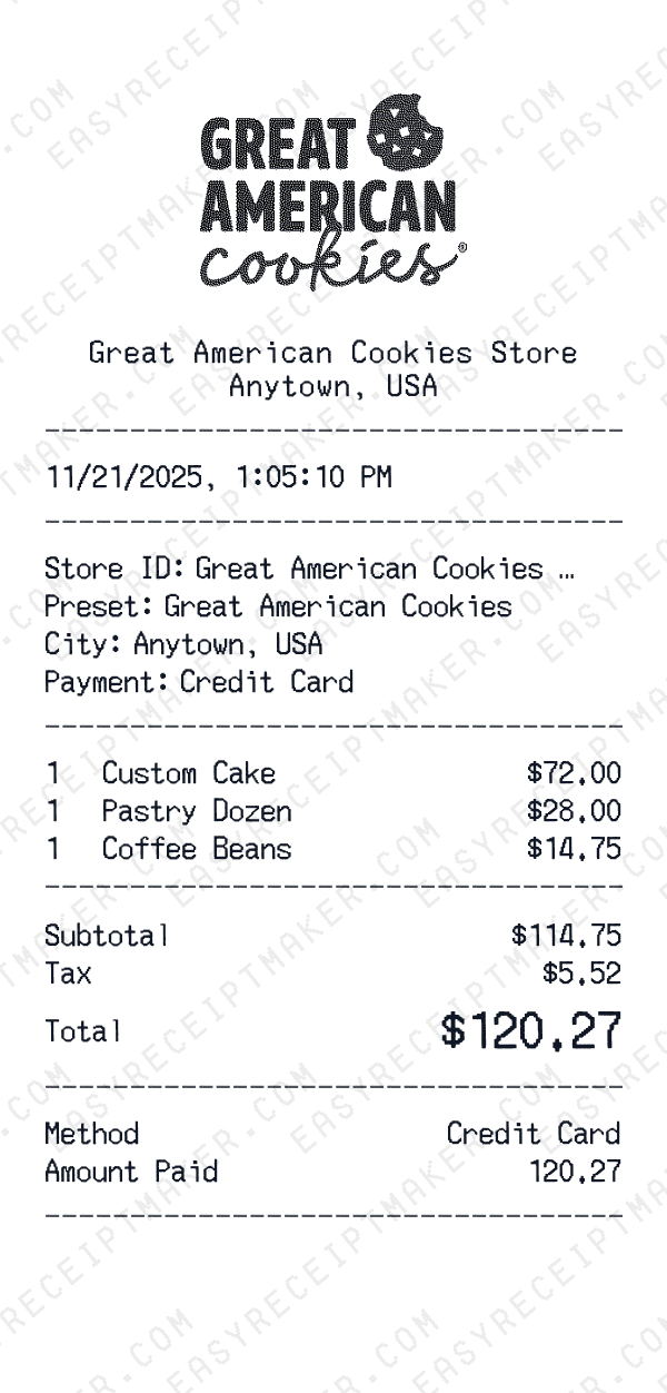 Great American Cookies receipt preview