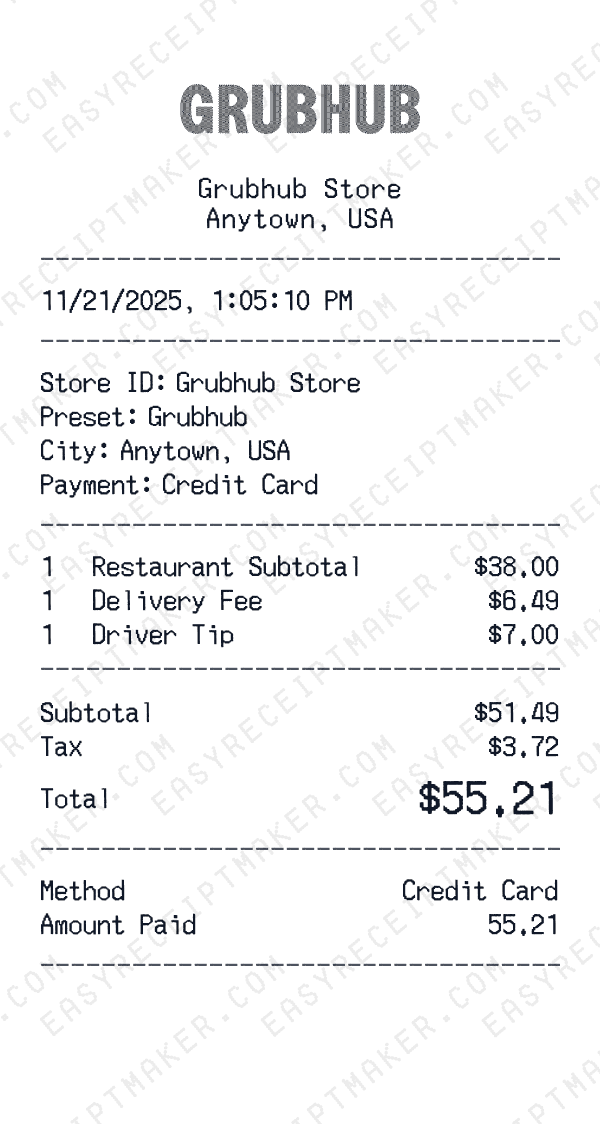 Grubhub receipt preview