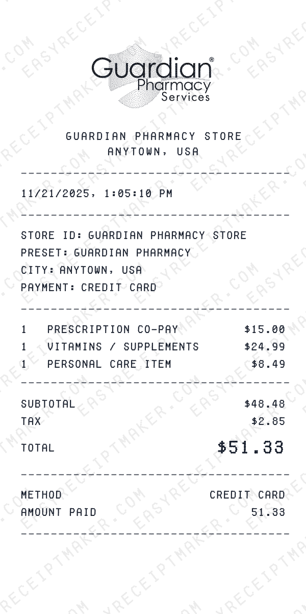 Guardian Pharmacy receipt preview