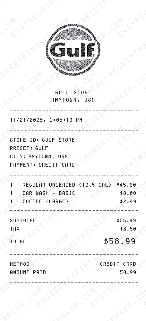 Gulf receipt preview