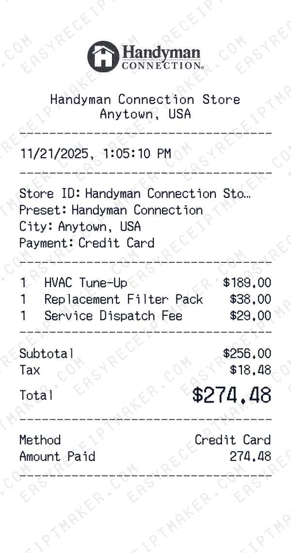 Handyman Connection receipt preview