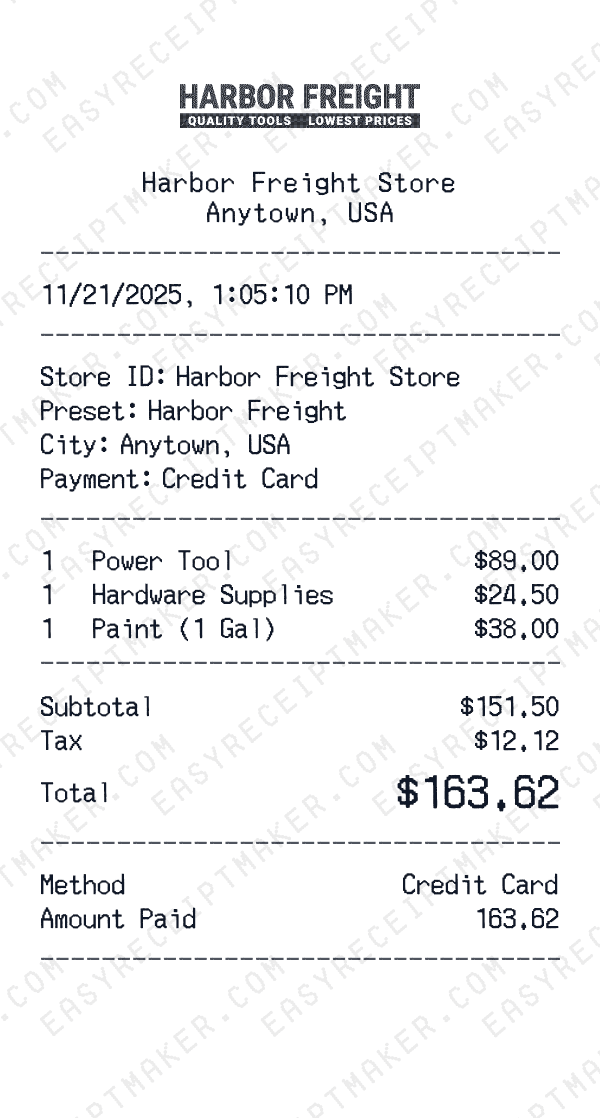 Harbor Freight receipt preview