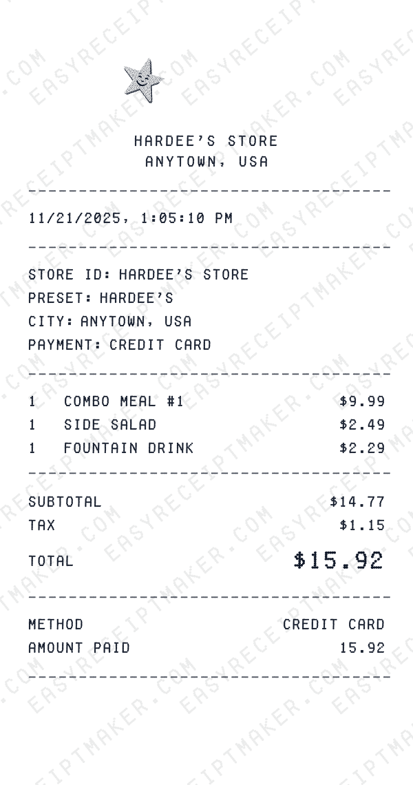 Hardee's receipt preview